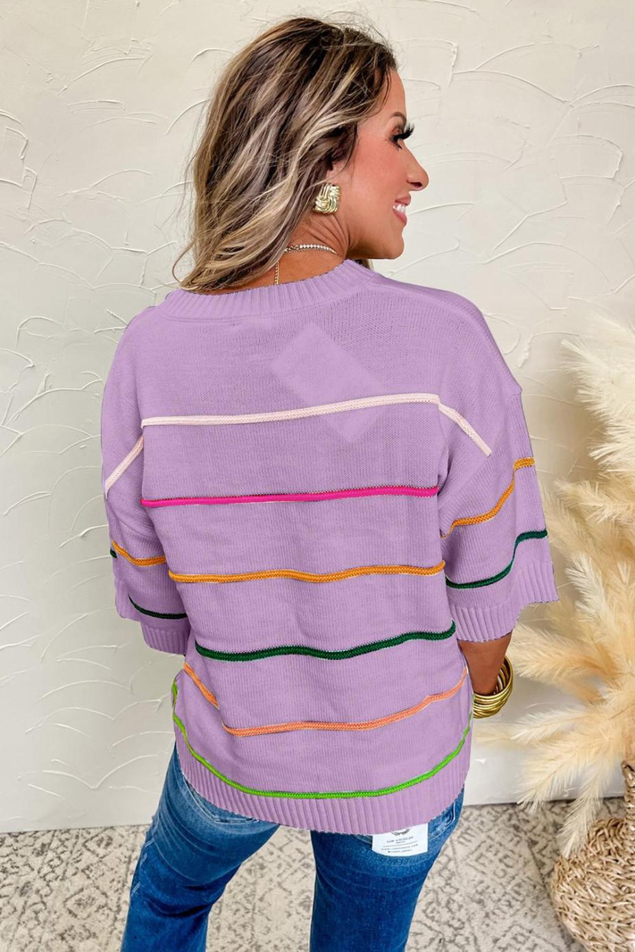 Knit Tops | Orchid Petal Striped Half Sleeve Drop Shoulder Sweater - Women