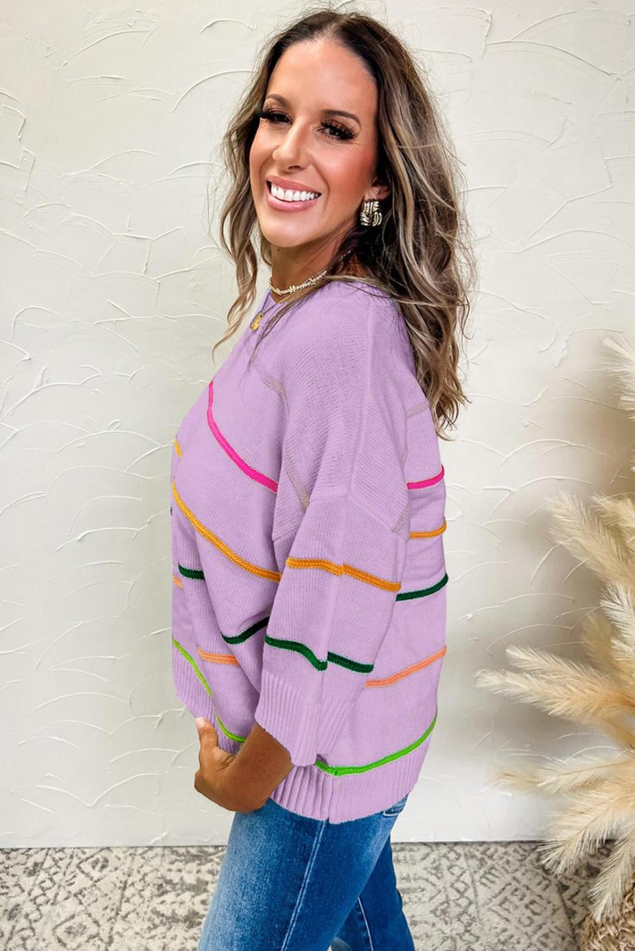 Knit Tops | Orchid Petal Striped Half Sleeve Drop Shoulder Sweater - Women