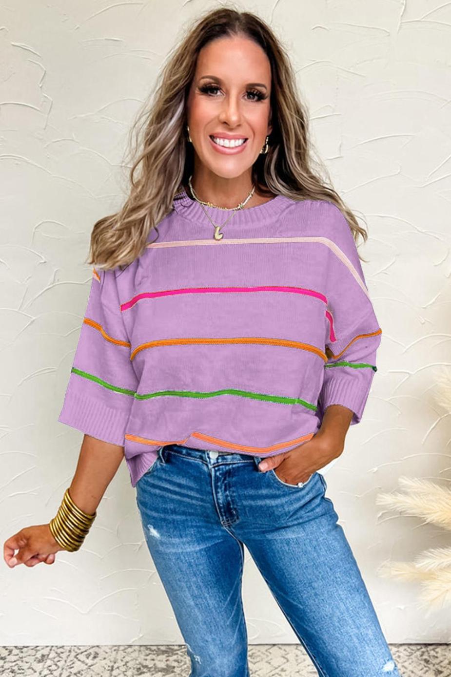 Knit Tops | Orchid Petal Striped Half Sleeve Drop Shoulder Sweater - Women