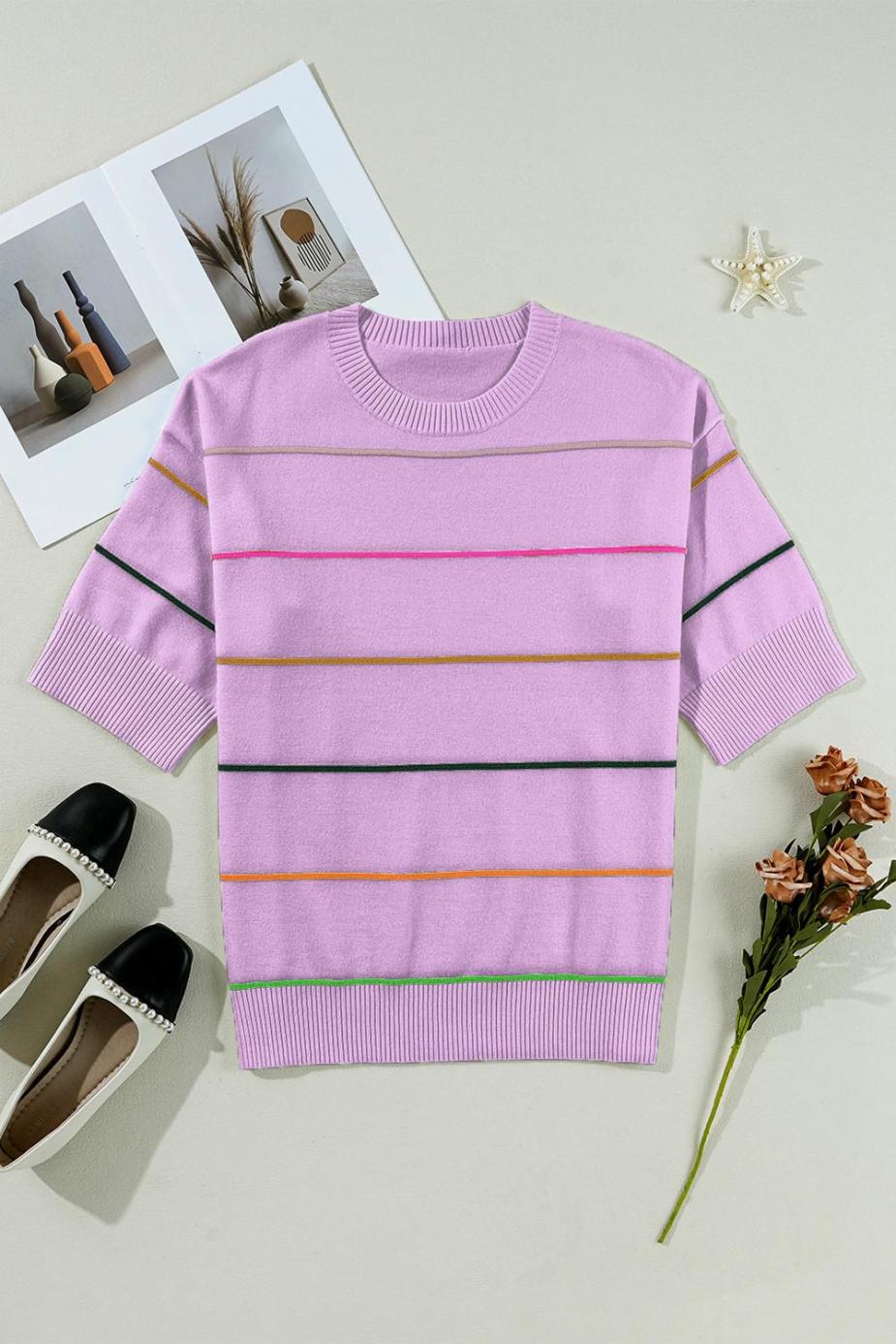 Knit Tops | Orchid Petal Striped Half Sleeve Drop Shoulder Sweater - Women