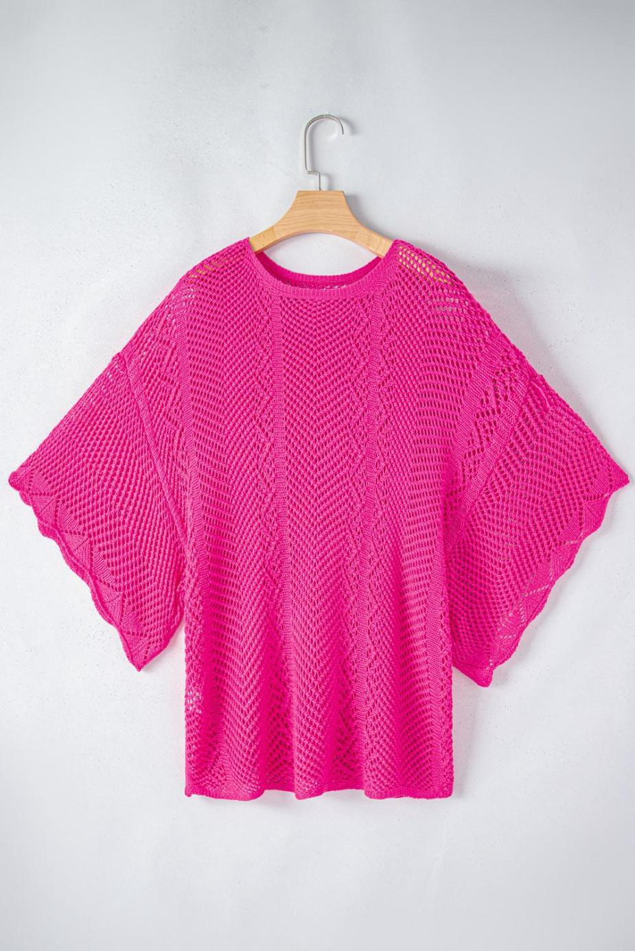 Knit Tops | Rose Red Pointelle Knit Scallop Edge Short Sleeve Knit Top - Women