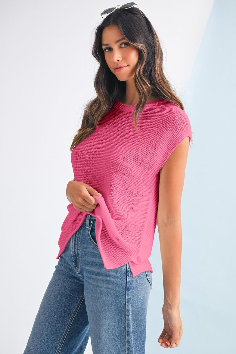 Knit Tops | Sachet Pink Solid Color Side Slits Knit Tee - Women