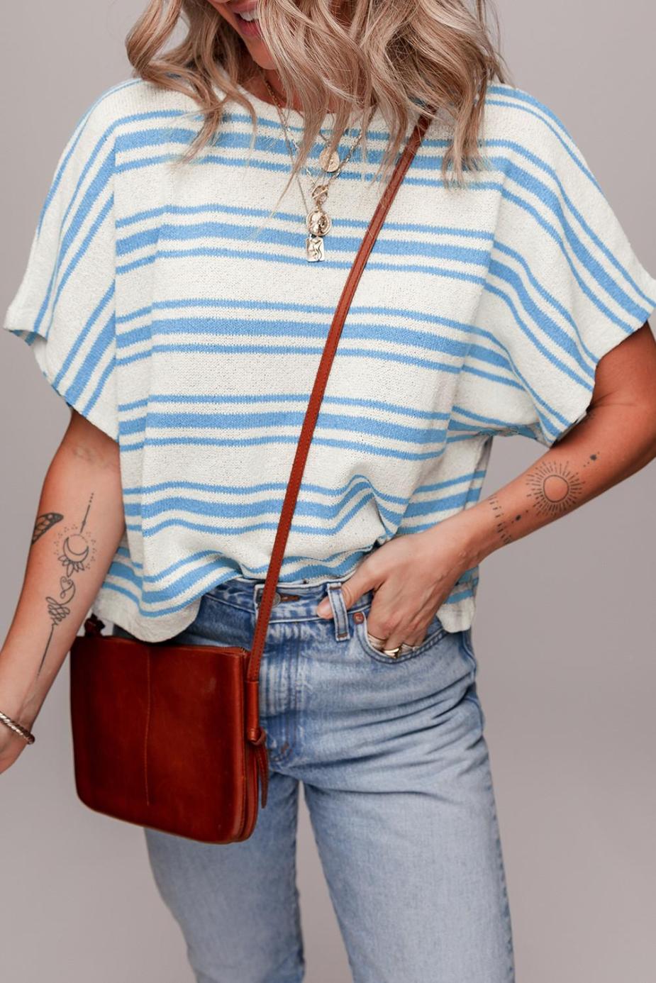 Knit Tops | Sky Blue Stripe Boxy Fit Wide Sleeve Knit T Shirt - Women