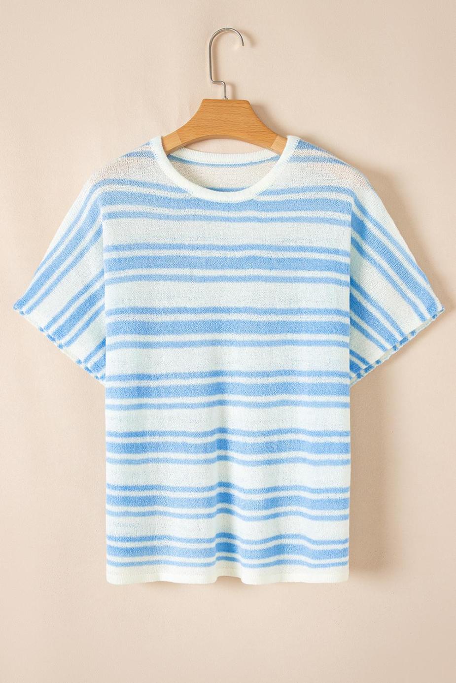 Knit Tops | Sky Blue Stripe Boxy Fit Wide Sleeve Knit T Shirt - Women