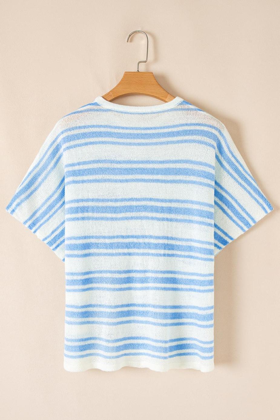 Knit Tops | Sky Blue Stripe Boxy Fit Wide Sleeve Knit T Shirt - Women