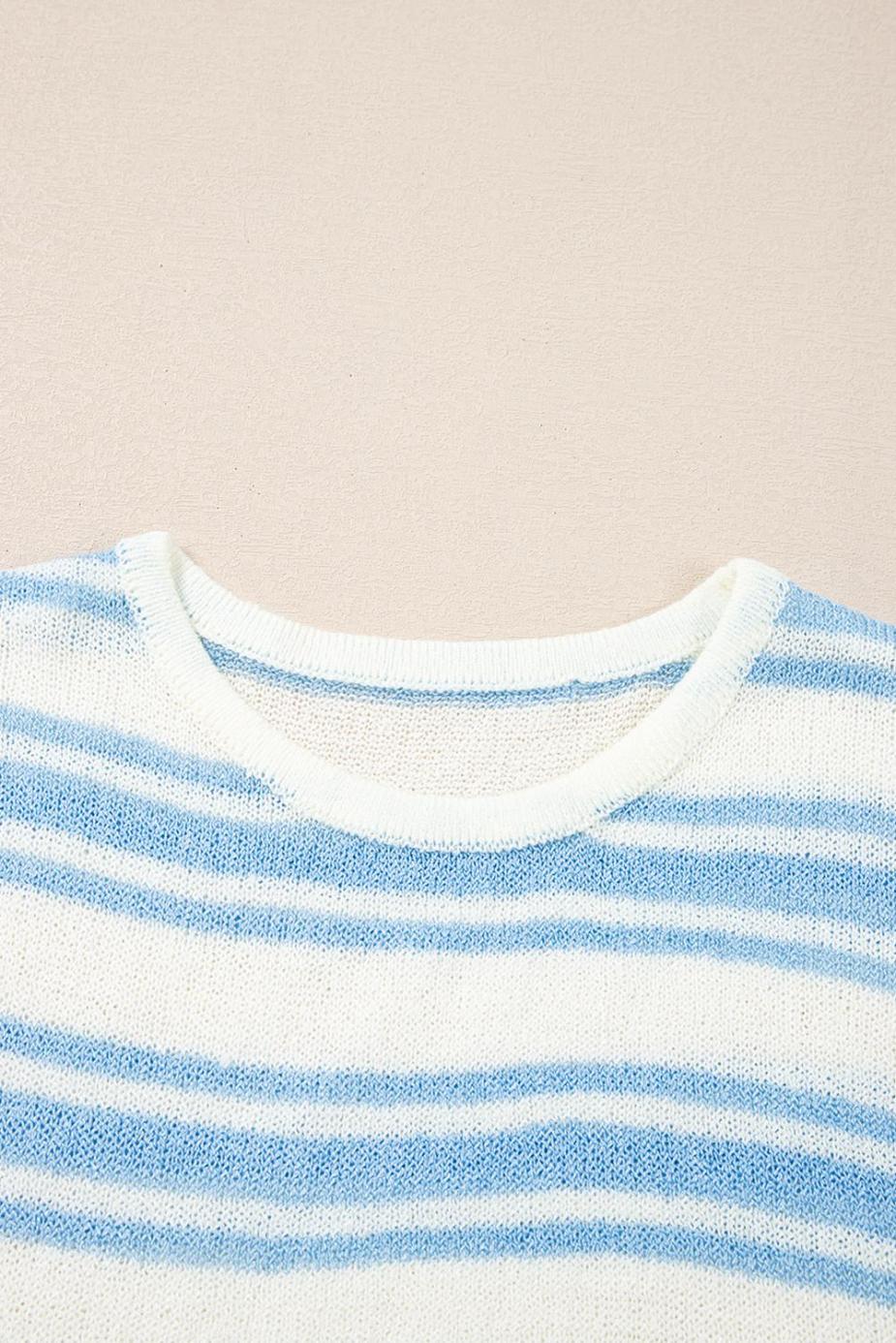 Knit Tops | Sky Blue Stripe Boxy Fit Wide Sleeve Knit T Shirt - Women