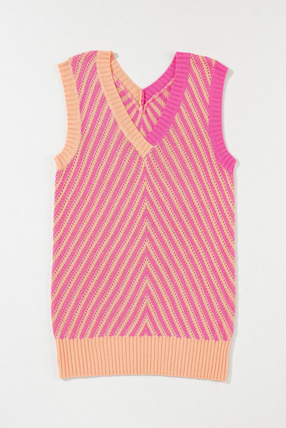 Knit Tops | Strawberry Pink Contrast Chevron V Neck Knitted Vest - Women