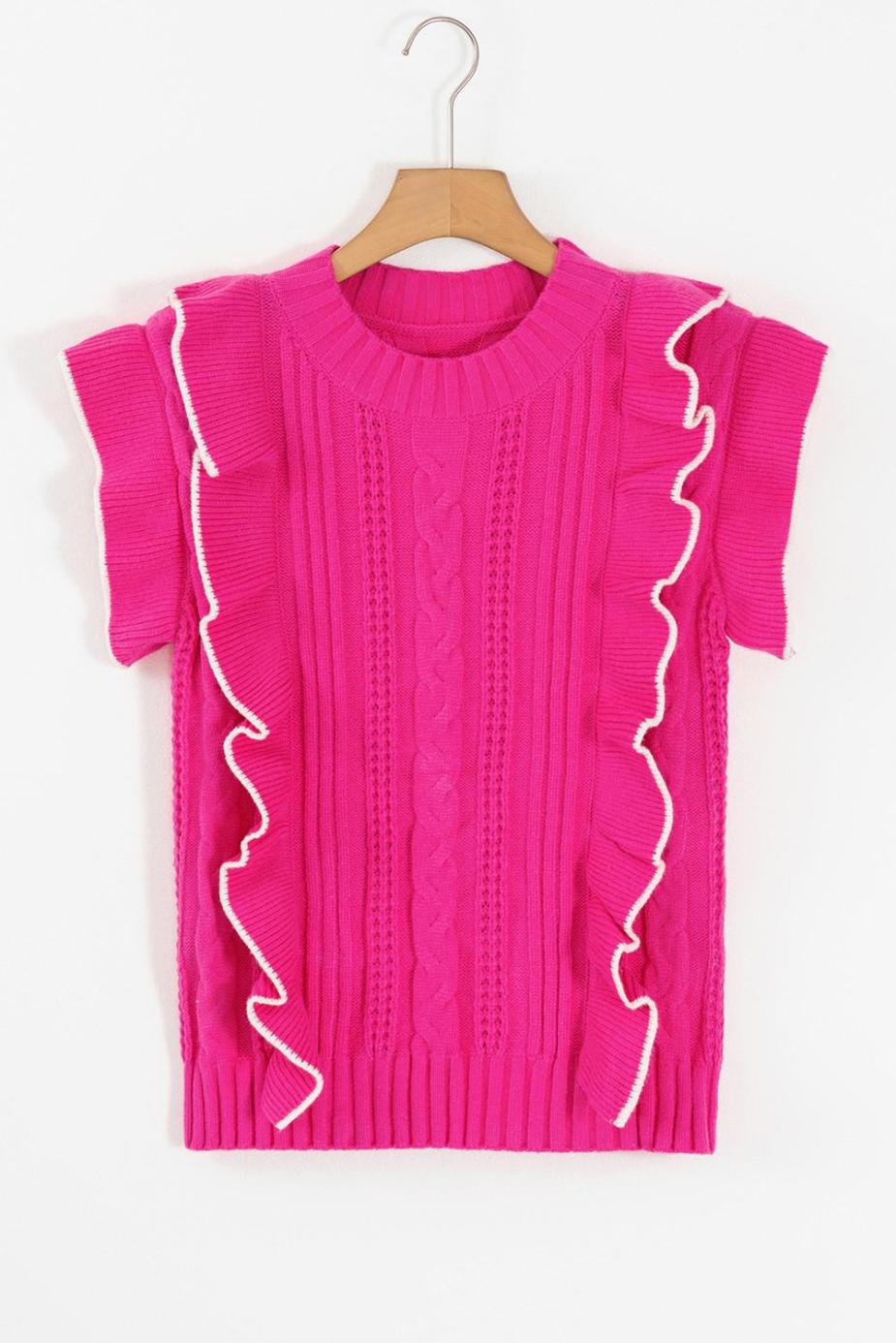 Knit Tops | Strawberry Pink Contrast Trim Ruffle Sleeveless Twist Cable Knit Top - Women