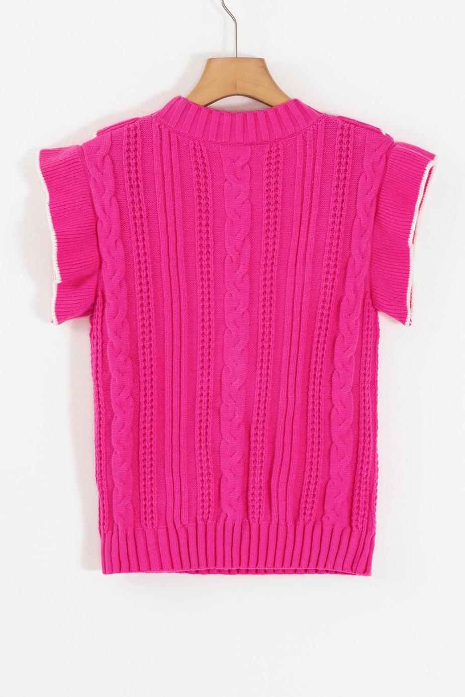 Knit Tops | Strawberry Pink Contrast Trim Ruffle Sleeveless Twist Cable Knit Top - Women