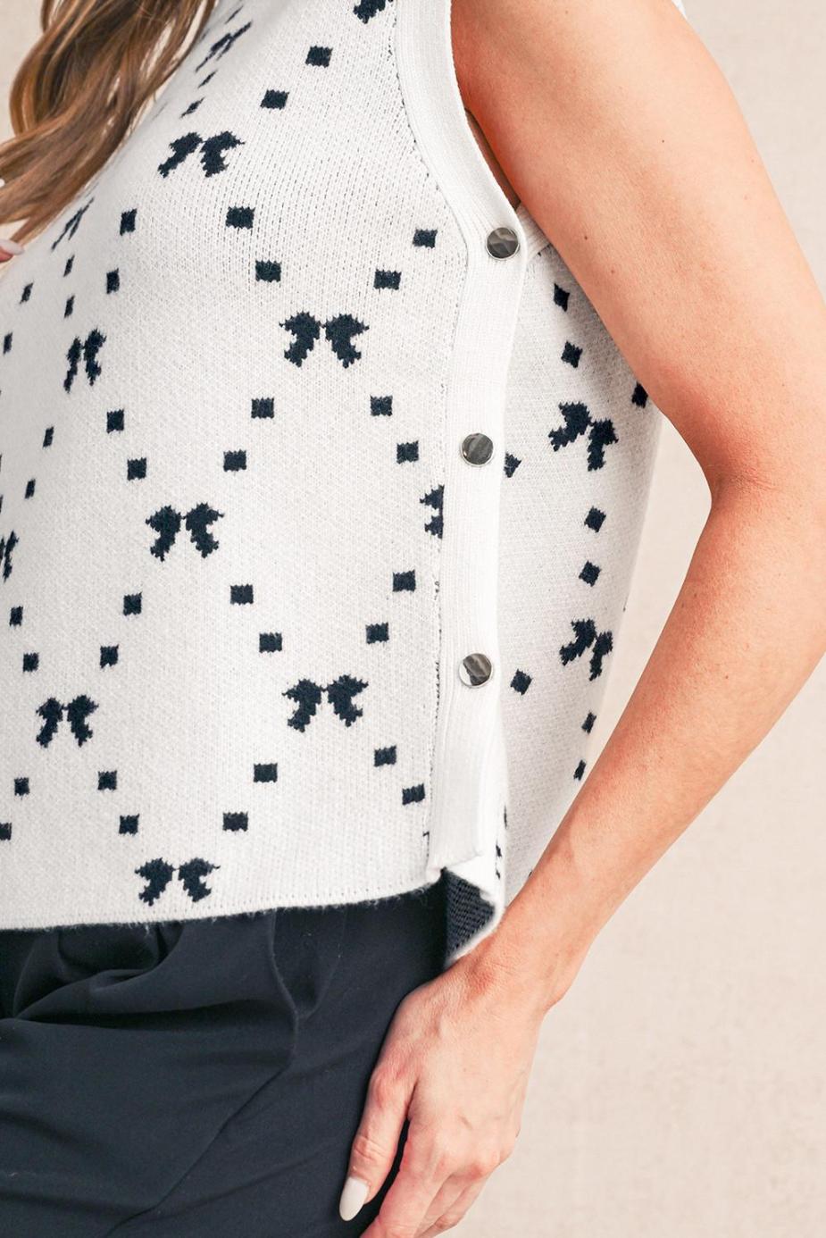 Knit Tops | White Bow Pattern Buttoned Side Knit Top - Women
