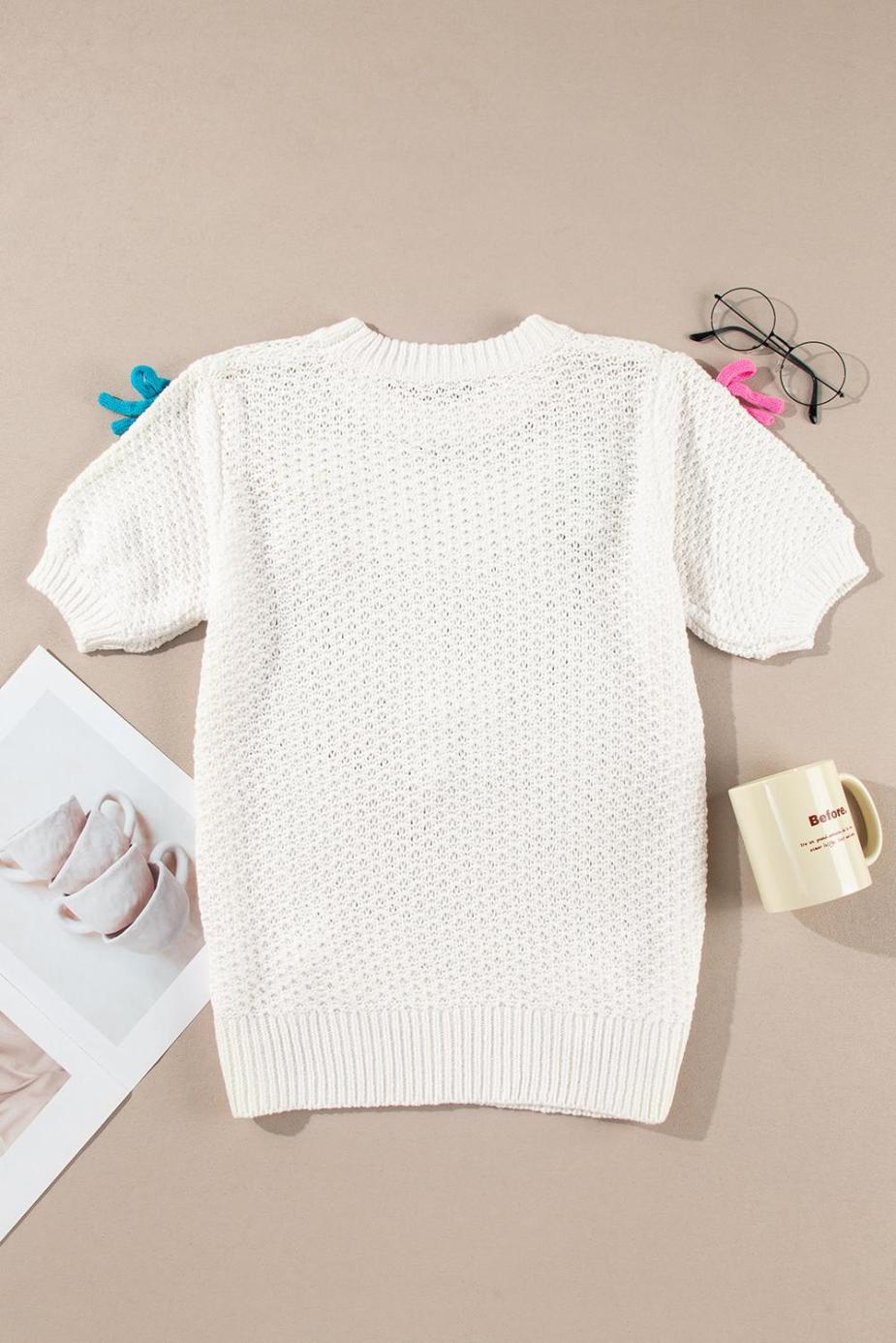 Knit Tops | White Colorful Bow Knit Short Sleeve Sweater - Women