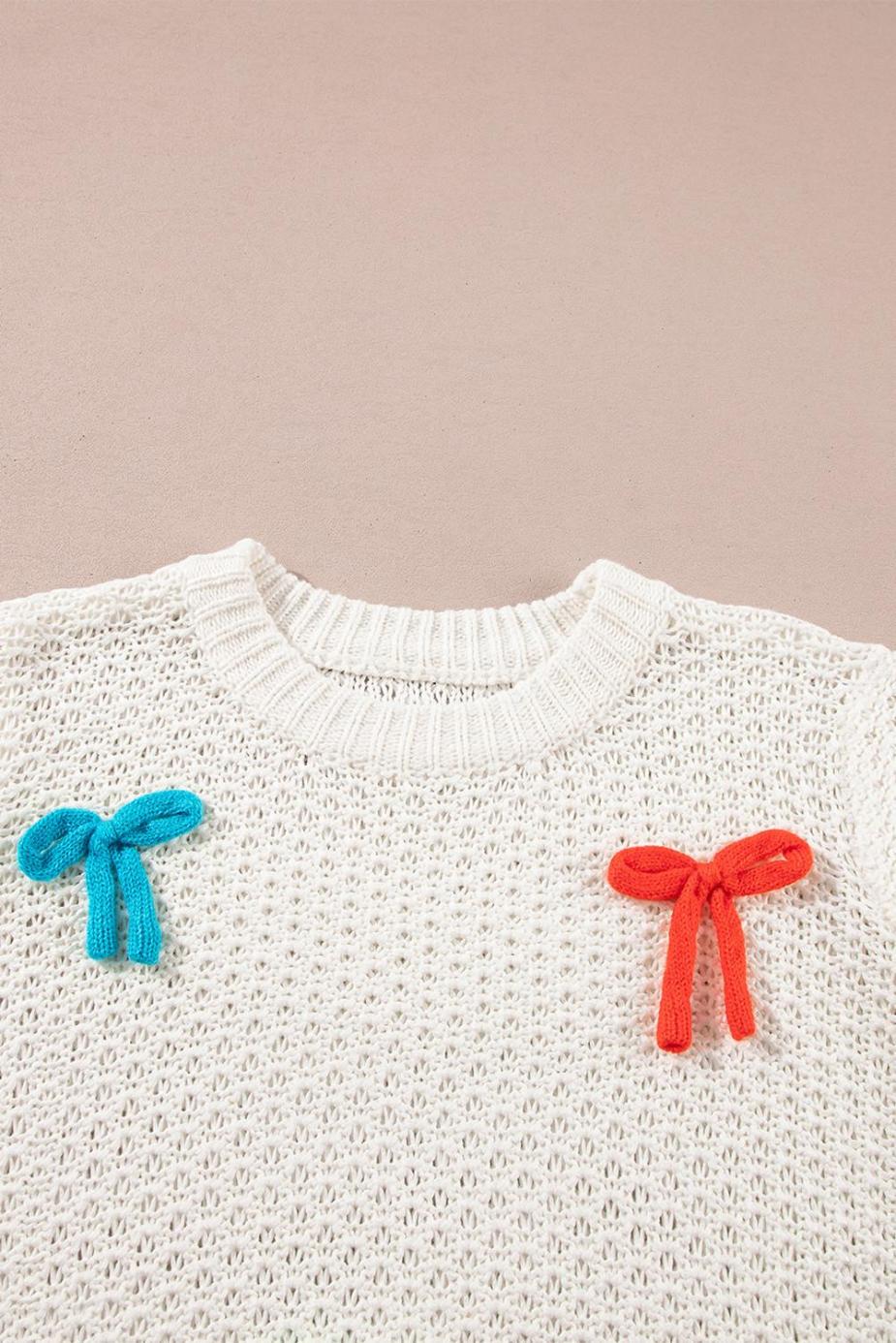 Knit Tops | White Colorful Bow Knit Short Sleeve Sweater - Women