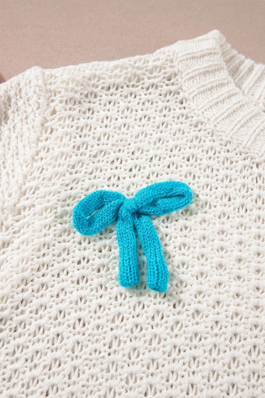 Knit Tops | White Colorful Bow Knit Short Sleeve Sweater - Women