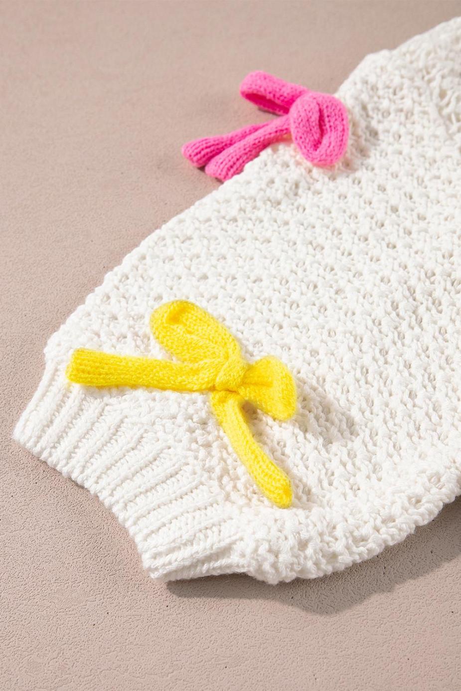 Knit Tops | White Colorful Bow Knit Short Sleeve Sweater - Women