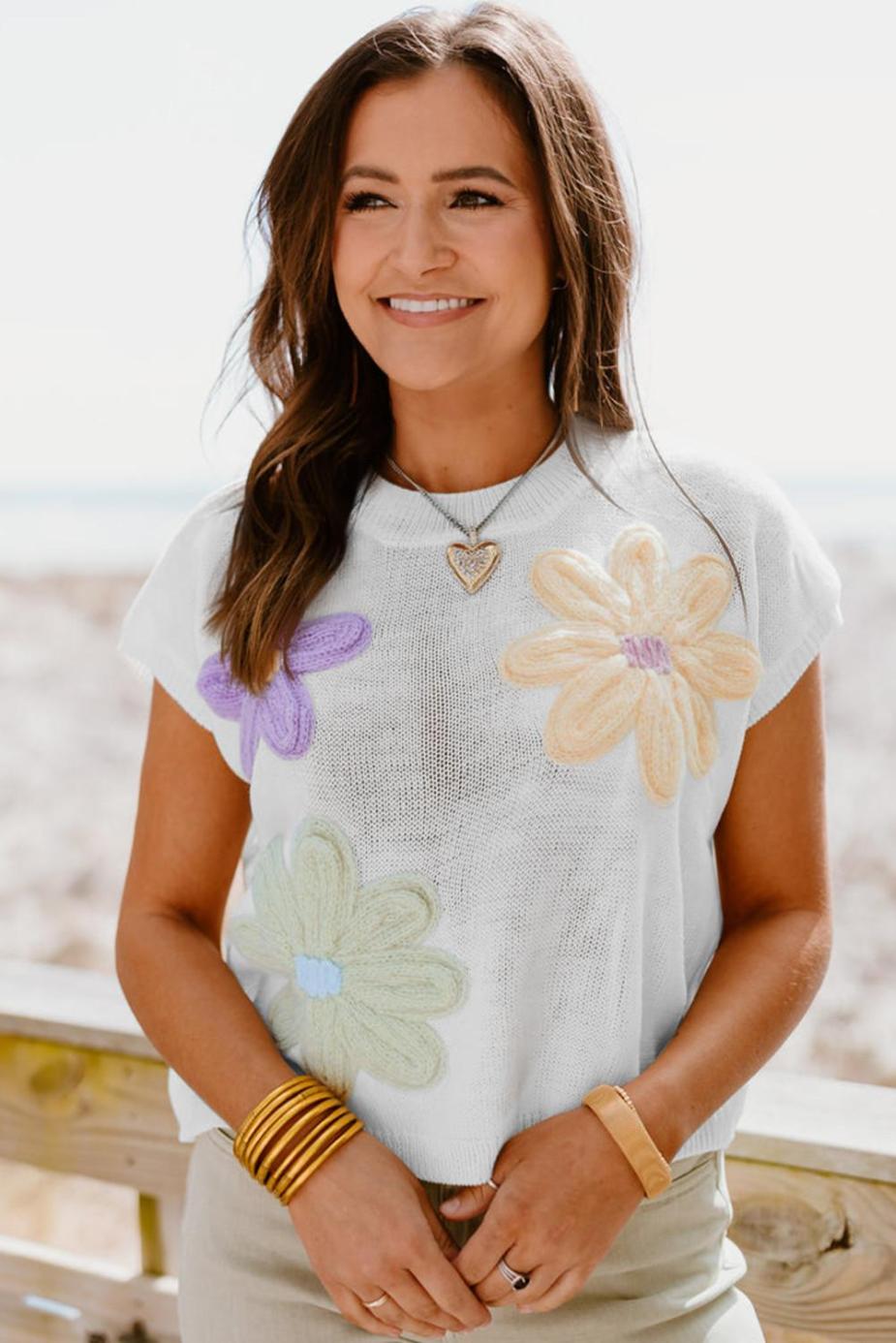 Knit Tops | White Flower Patch Knit Round Neck Tee - Women