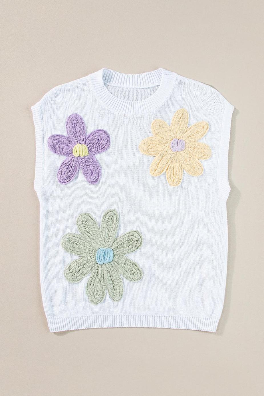 Knit Tops | White Flower Patch Knit Round Neck Tee - Women