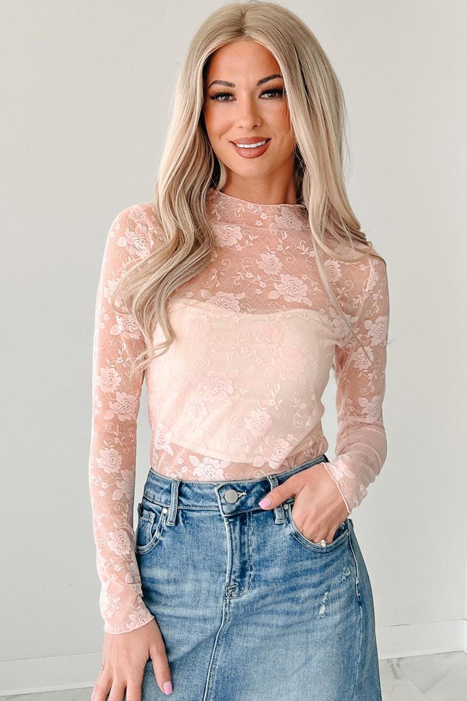 Long Sleeve Tops | Apricot Pink Mock Neck Floral Lace Mesh Long Sleeve Top - Women