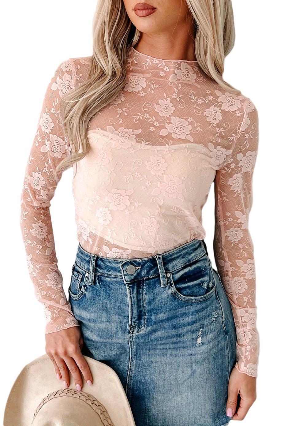 Long Sleeve Tops | Apricot Pink Mock Neck Floral Lace Mesh Long Sleeve Top - Women