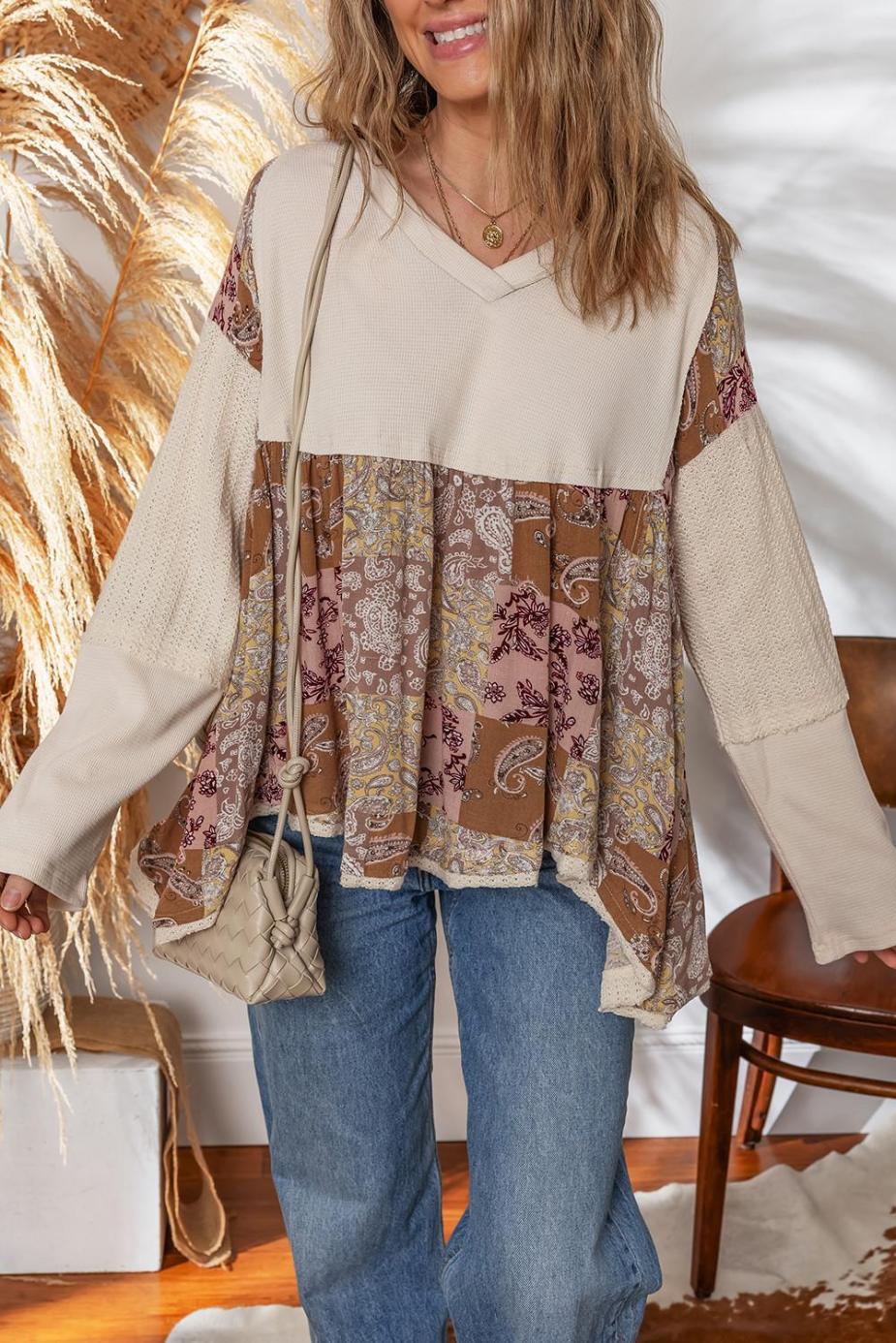 Long Sleeve Tops | Beige Paisley Ethnic Print Waffle Patchwork Long Sleeve Loose Top - Women