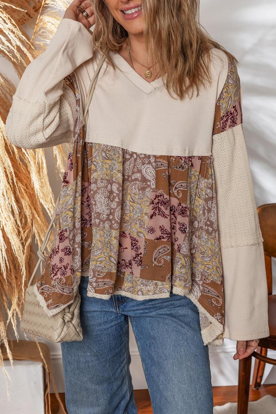 Long Sleeve Tops | Beige Paisley Ethnic Print Waffle Patchwork Long Sleeve Loose Top - Women