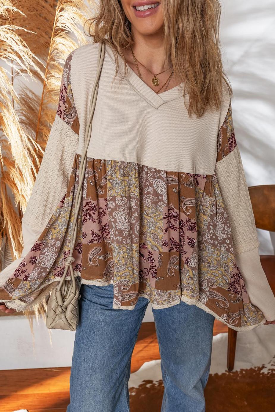 Long Sleeve Tops | Beige Paisley Ethnic Print Waffle Patchwork Long Sleeve Loose Top - Women