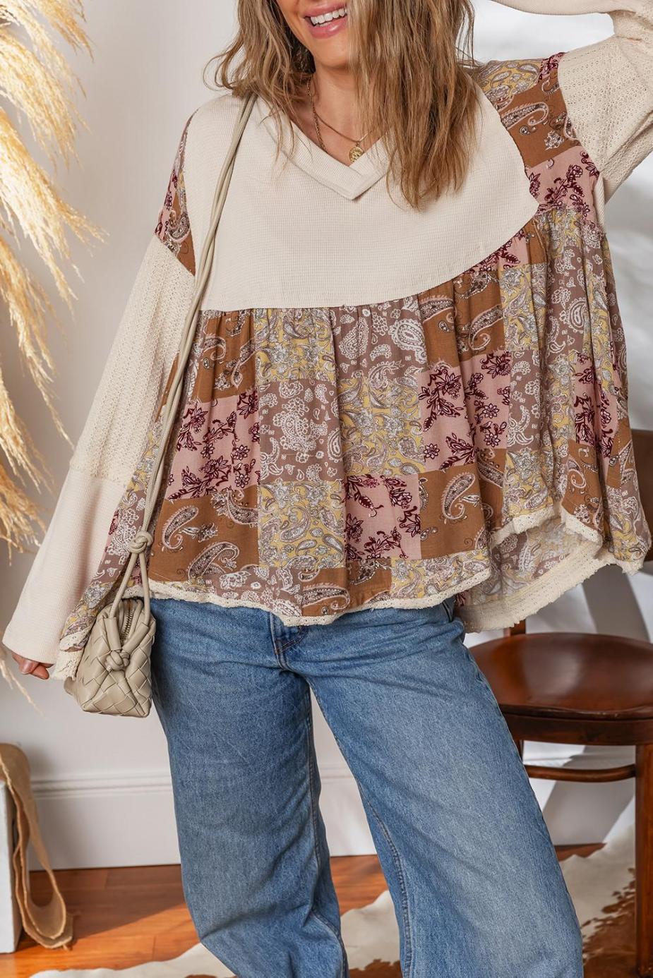 Long Sleeve Tops | Beige Paisley Ethnic Print Waffle Patchwork Long Sleeve Loose Top - Women