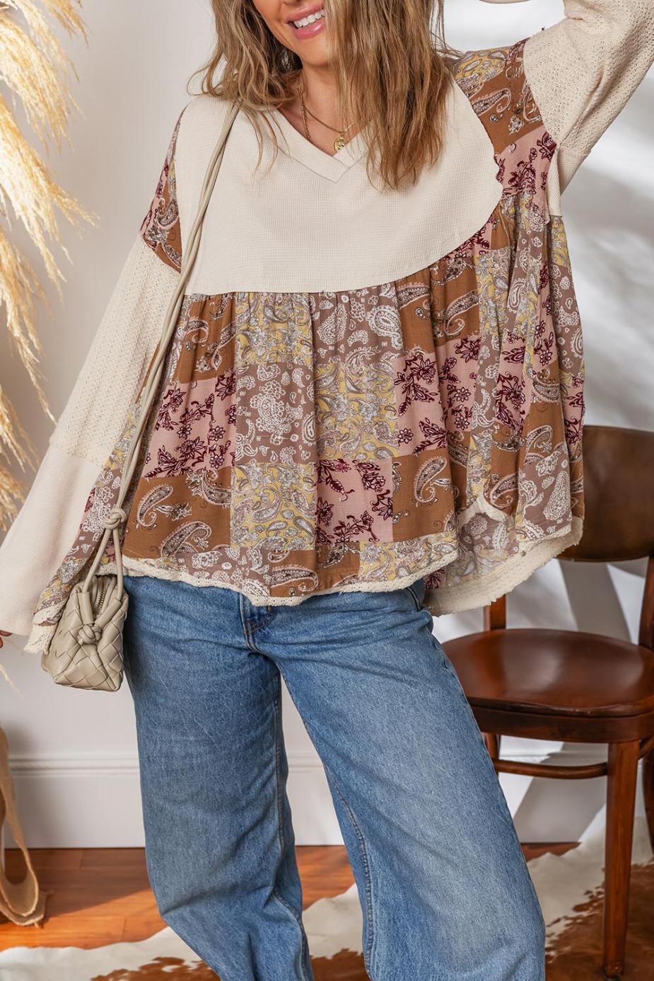 Long Sleeve Tops | Beige Paisley Ethnic Print Waffle Patchwork Long Sleeve Loose Top - Women