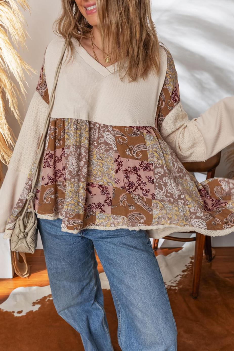 Long Sleeve Tops | Beige Paisley Ethnic Print Waffle Patchwork Long Sleeve Loose Top - Women