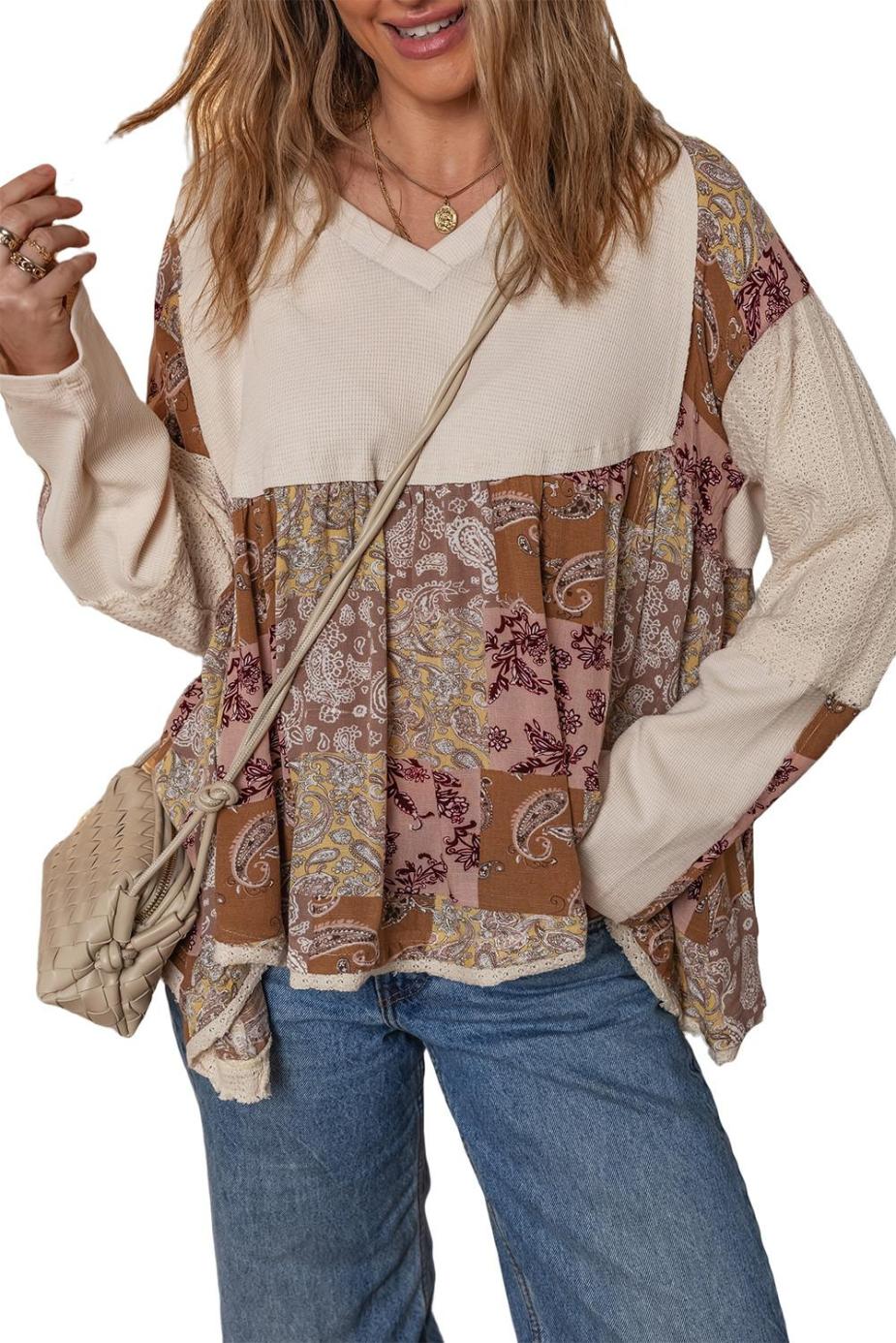 Long Sleeve Tops | Beige Paisley Ethnic Print Waffle Patchwork Long Sleeve Loose Top - Women