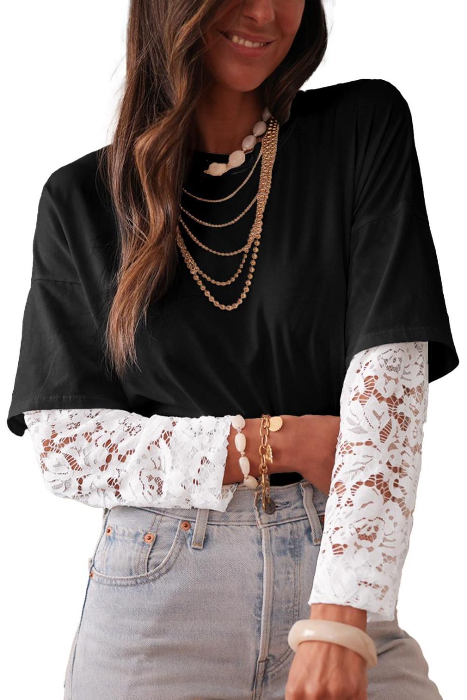 Long Sleeve Tops | Black Fake Two-Piece Lace Long Sleeve Drop Shoulder Tee - Women