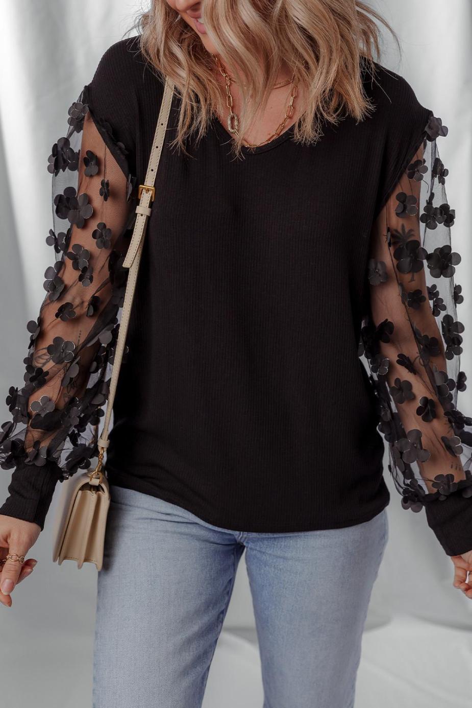 Long Sleeve Tops | Black Flower Applique Mesh Long Sleeve V Neck Top - Women