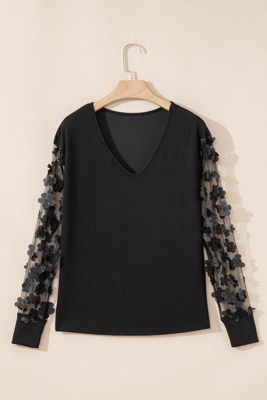 Long Sleeve Tops | Black Flower Applique Mesh Long Sleeve V Neck Top - Women