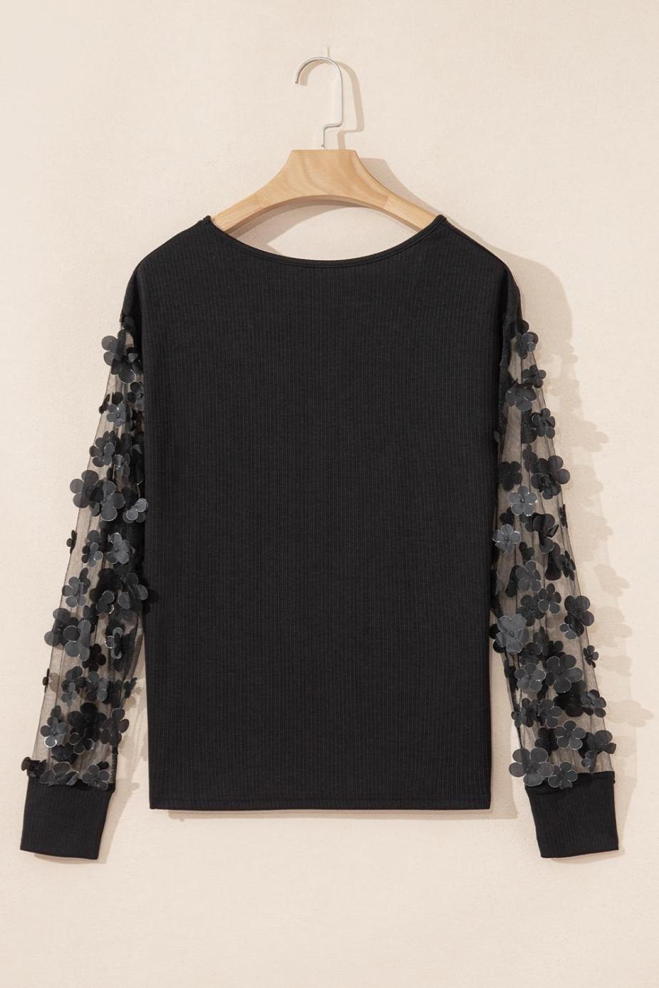 Long Sleeve Tops | Black Flower Applique Mesh Long Sleeve V Neck Top - Women
