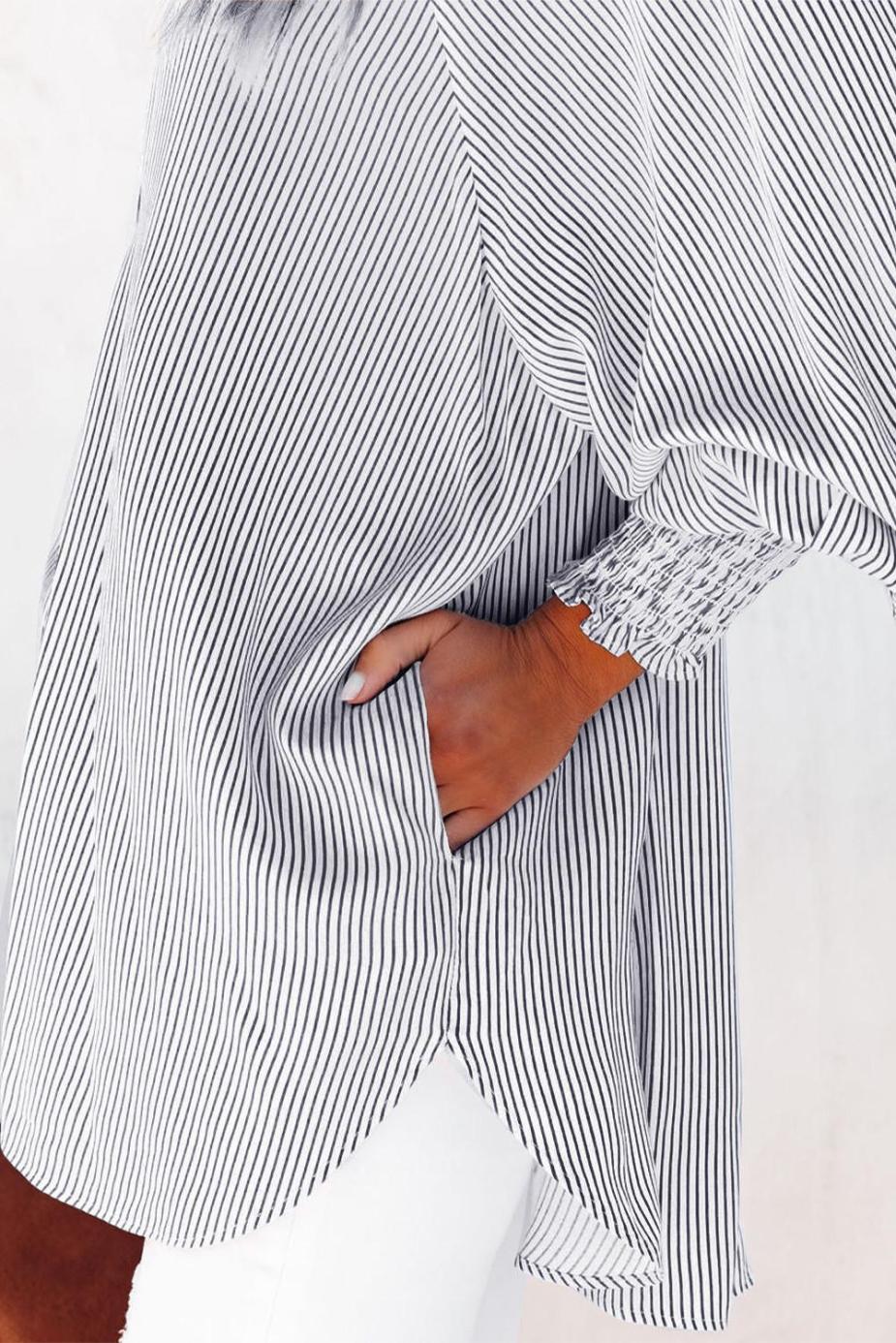 Long Sleeve Tops | Black Striped Casual Shirred Cuffs Shirt - Women