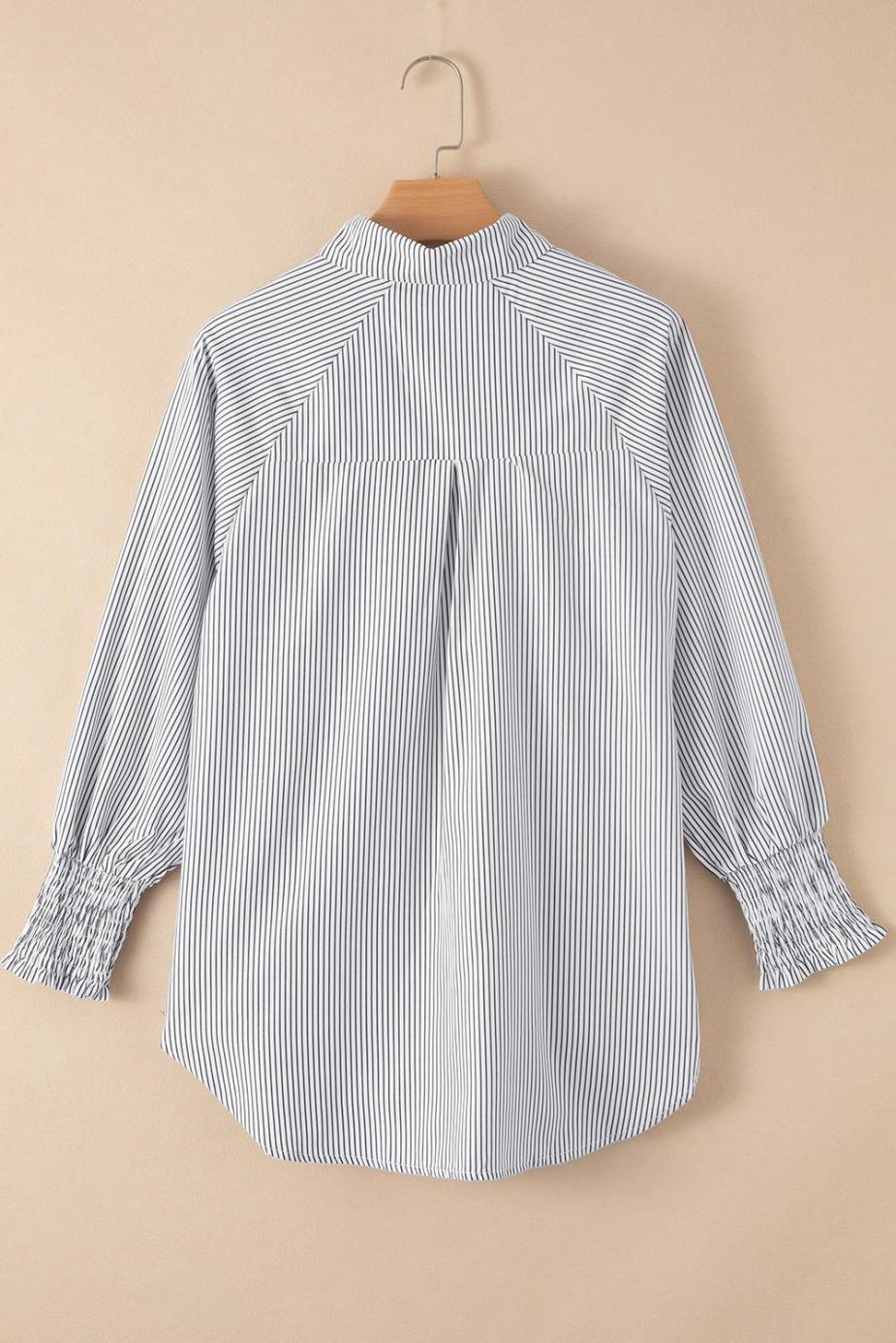 Long Sleeve Tops | Black Striped Casual Shirred Cuffs Shirt - Women