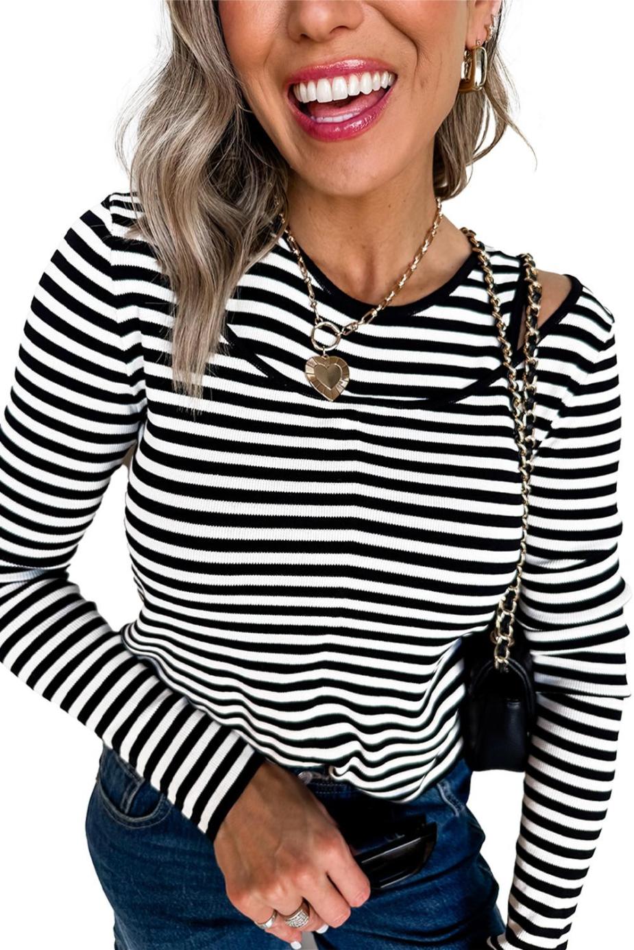 Long Sleeve Tops | Black Striped Cutout Long Sleeve Top - Women