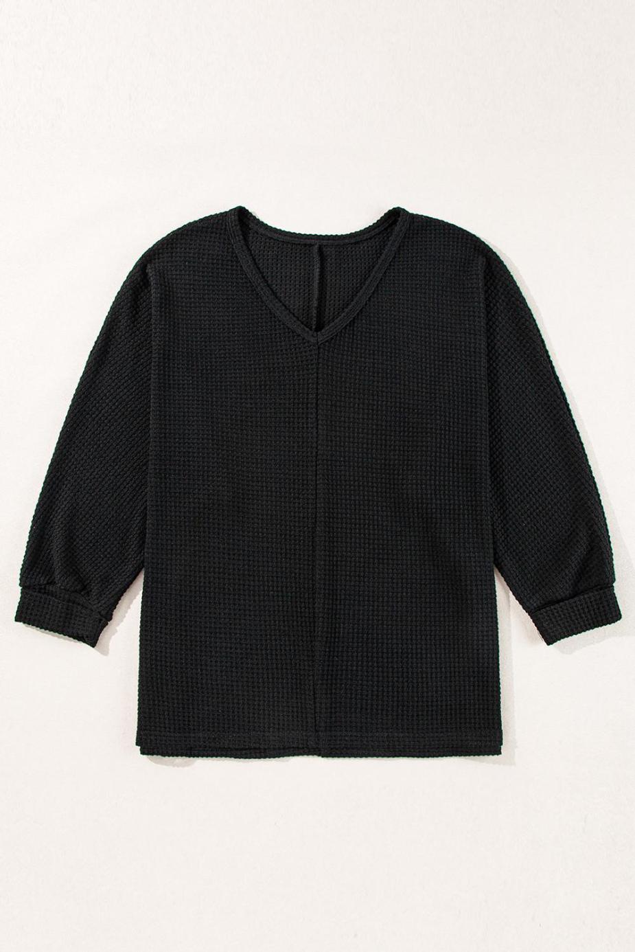 Long Sleeve Tops | Black Waffle Knit Side Slits Loose Fit V Neck Top - Women