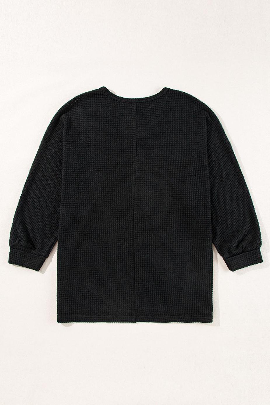 Long Sleeve Tops | Black Waffle Knit Side Slits Loose Fit V Neck Top - Women