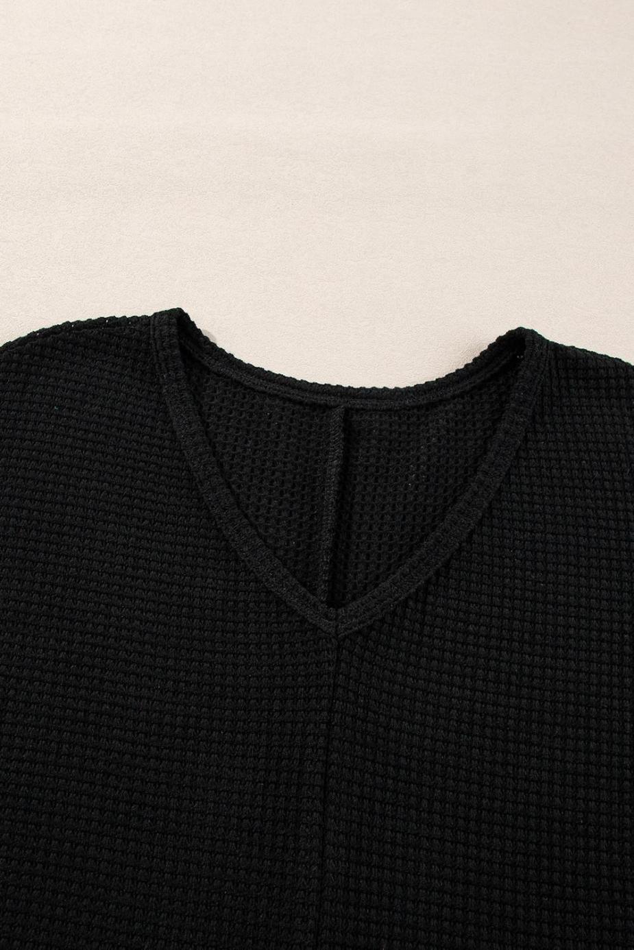 Long Sleeve Tops | Black Waffle Knit Side Slits Loose Fit V Neck Top - Women