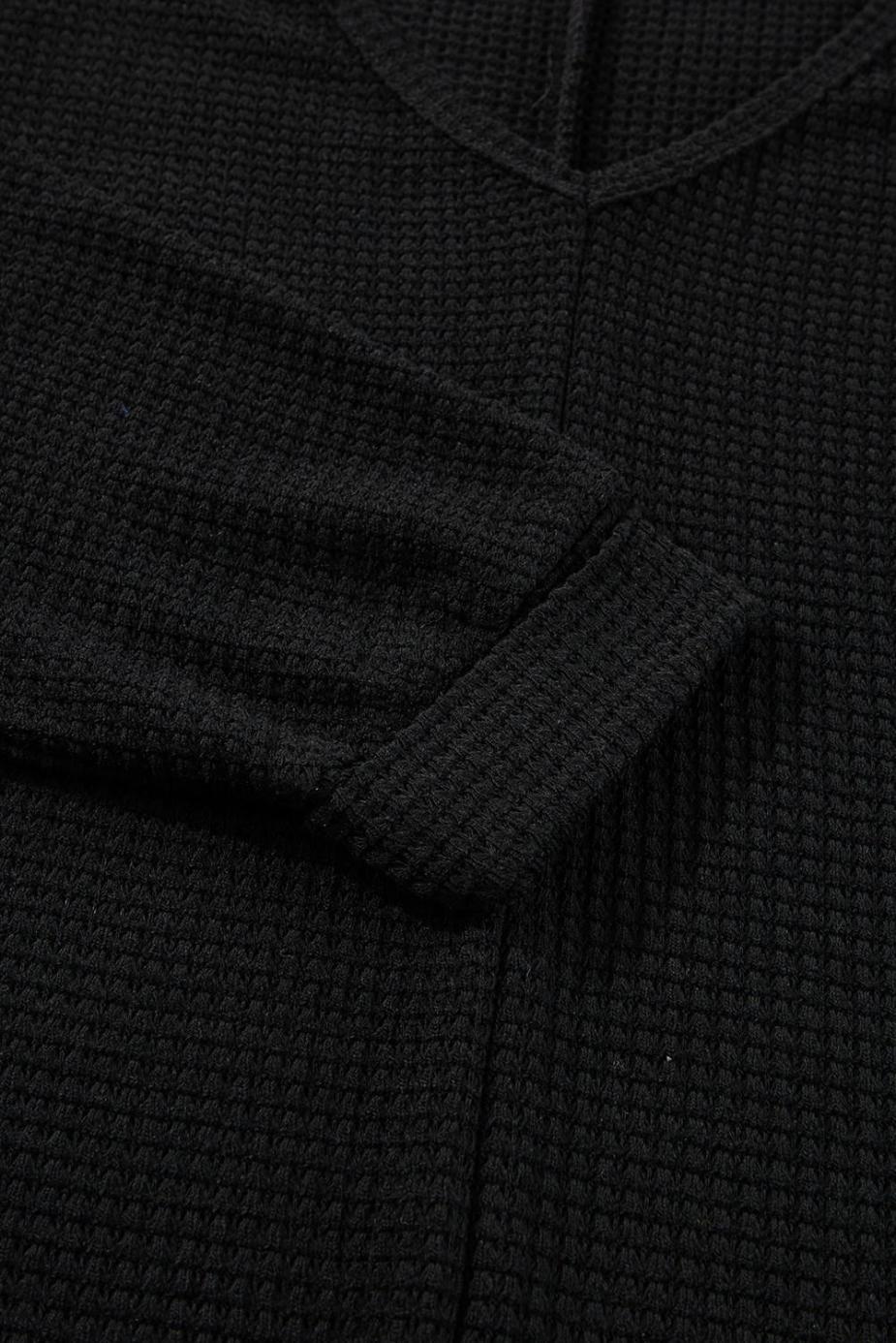 Long Sleeve Tops | Black Waffle Knit Side Slits Loose Fit V Neck Top - Women