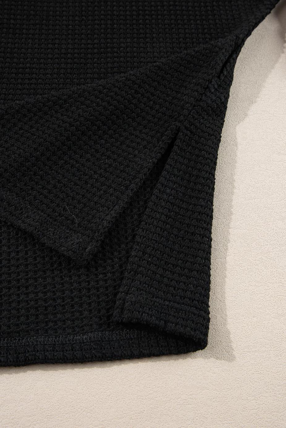 Long Sleeve Tops | Black Waffle Knit Side Slits Loose Fit V Neck Top - Women