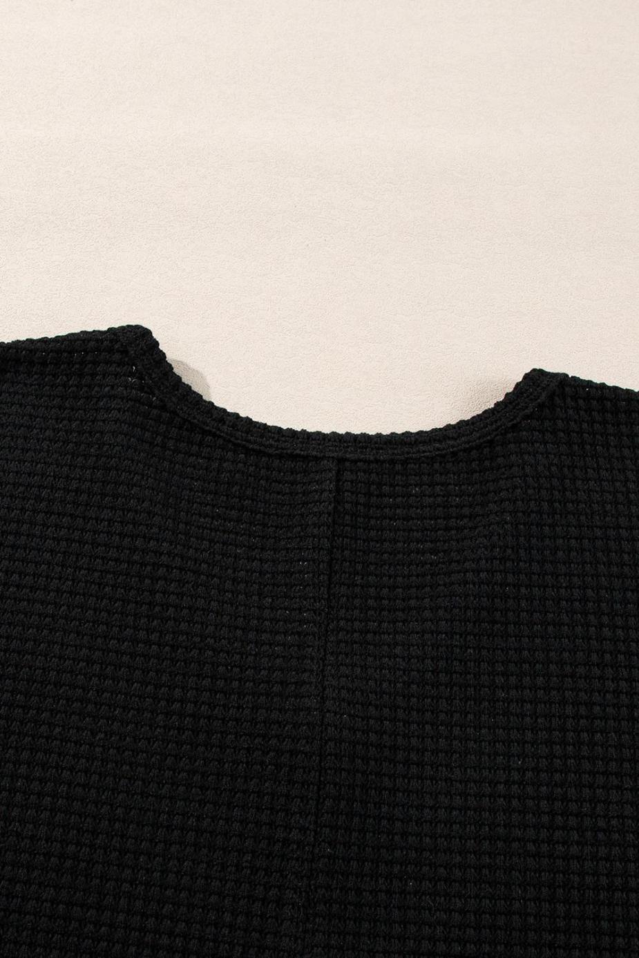 Long Sleeve Tops | Black Waffle Knit Side Slits Loose Fit V Neck Top - Women