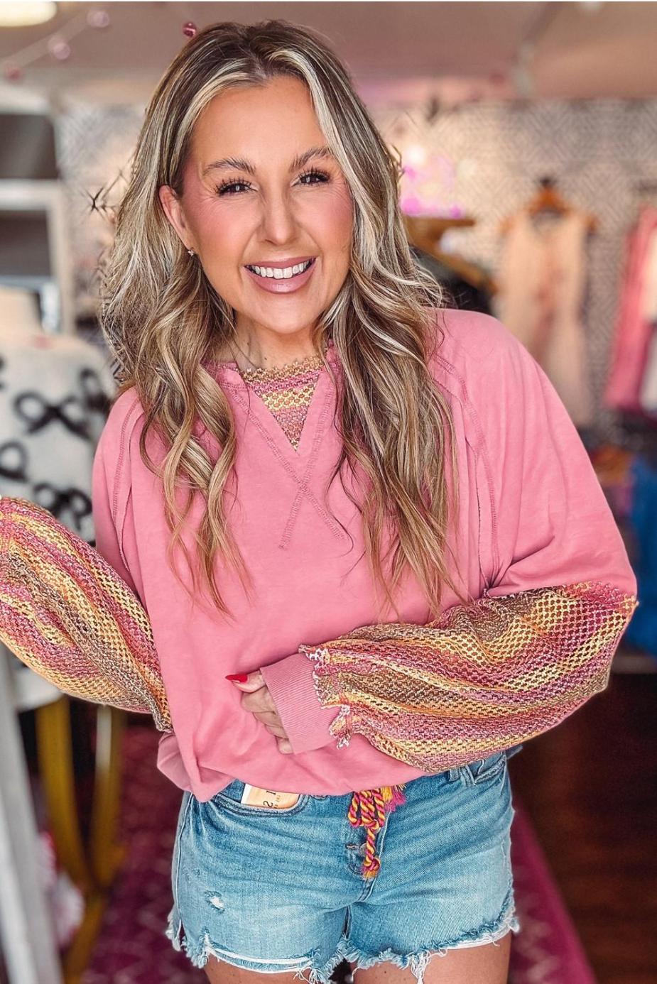 Long Sleeve Tops | Blossom Striped Hollow Out Patchwork Long Sleeve Top - Women