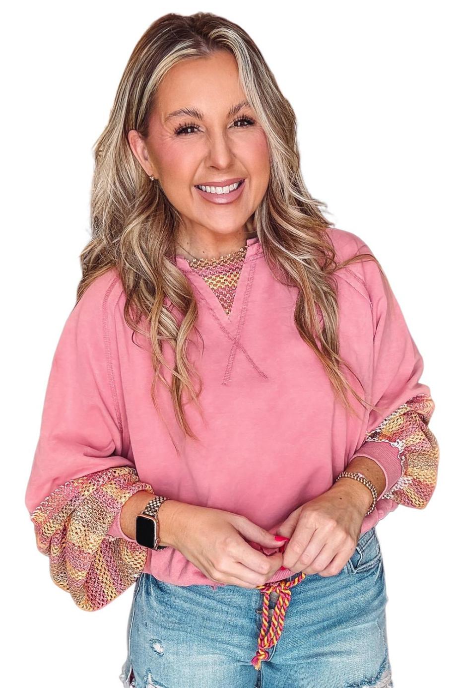 Long Sleeve Tops | Blossom Striped Hollow Out Patchwork Long Sleeve Top - Women