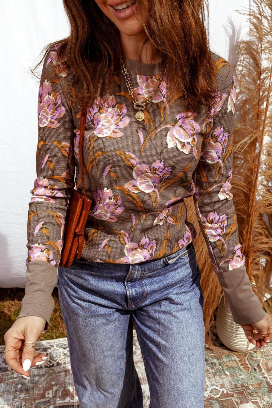 Long Sleeve Tops | Brown Floral Print Waffle Textured Long Sleeve Top - Women