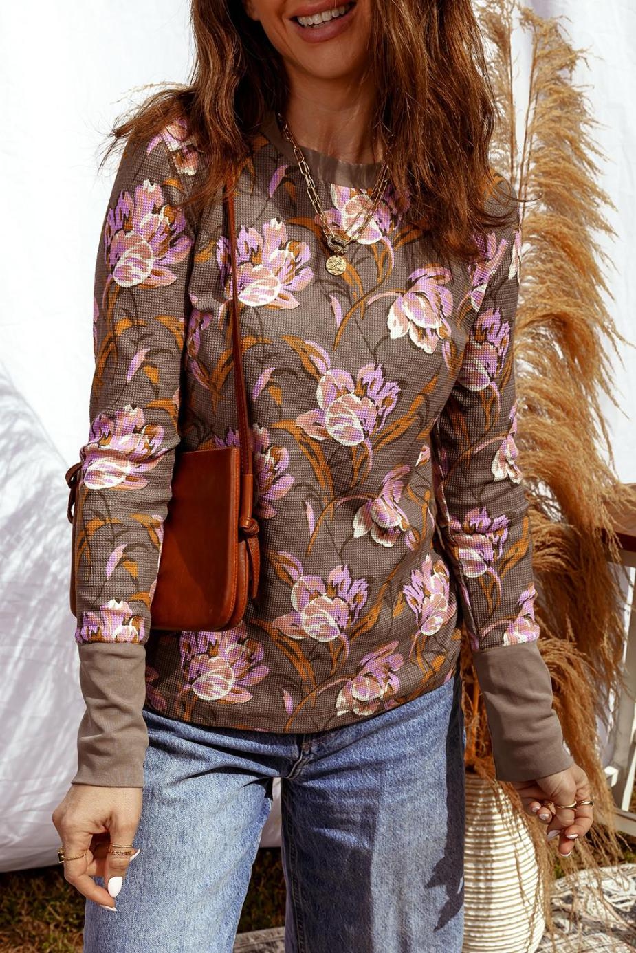 Long Sleeve Tops | Brown Floral Print Waffle Textured Long Sleeve Top - Women