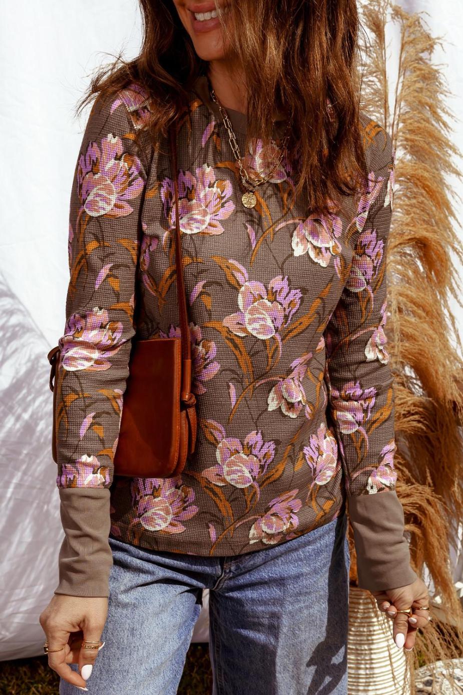 Long Sleeve Tops | Brown Floral Print Waffle Textured Long Sleeve Top - Women