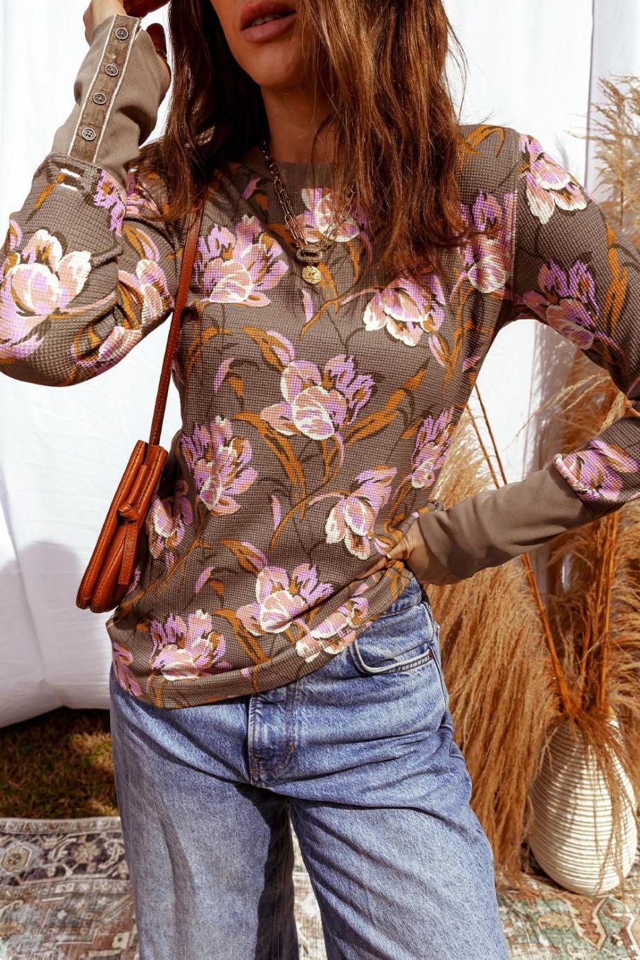 Long Sleeve Tops | Brown Floral Print Waffle Textured Long Sleeve Top - Women