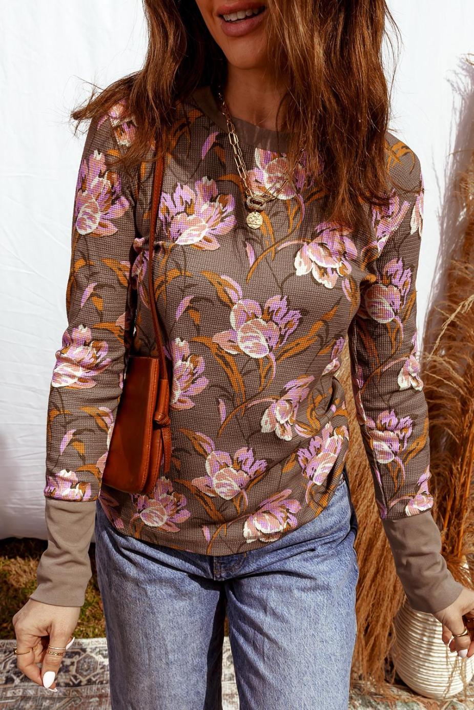 Long Sleeve Tops | Brown Floral Print Waffle Textured Long Sleeve Top - Women