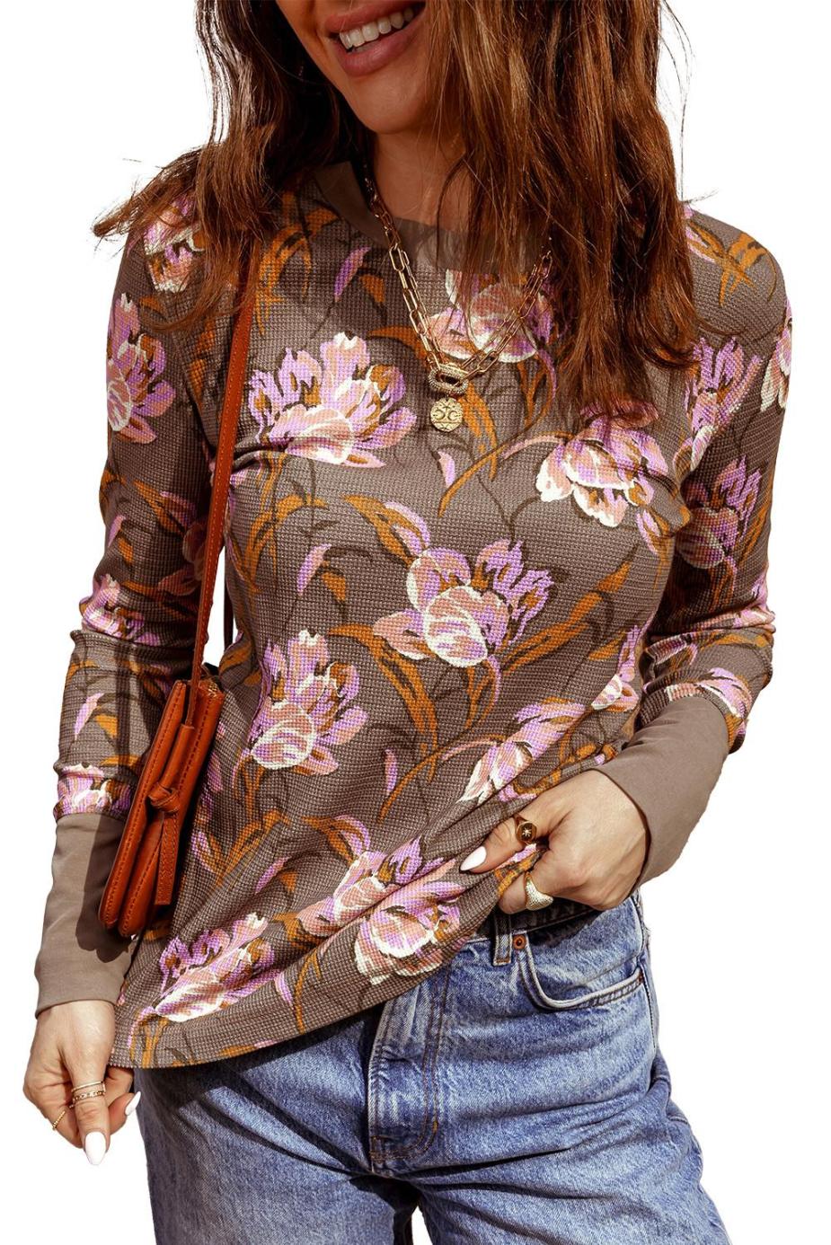Long Sleeve Tops | Brown Floral Print Waffle Textured Long Sleeve Top - Women